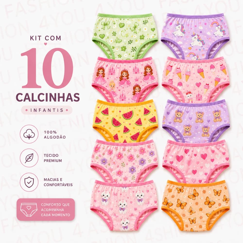Kit 10 Calcinhas Infantil 100% Algodão Fio 32 Hipoalergênicas Linha Exclusiva pele sensível