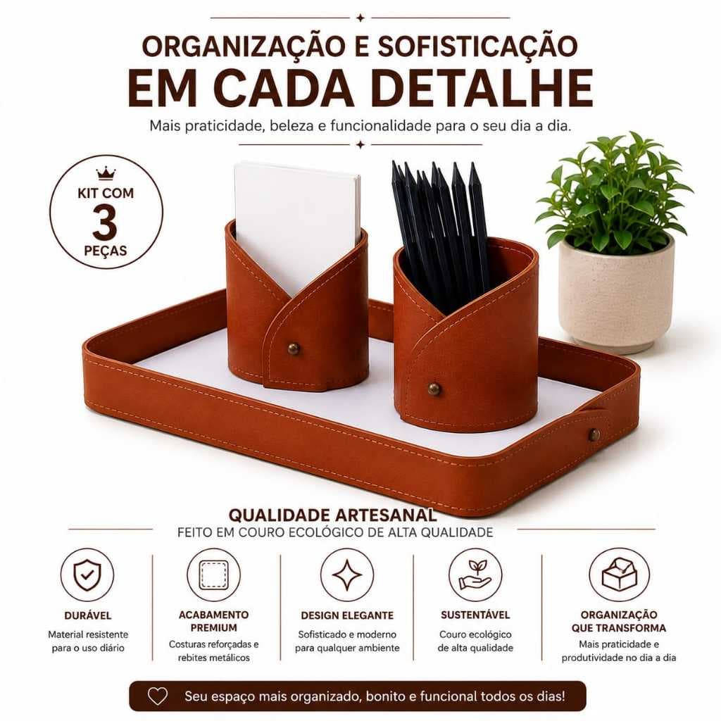 Kit Organizador de Mesa 3 Peças em Couro Ecológico com Bandeja Porta Lápis e Porta Bloco Elegante