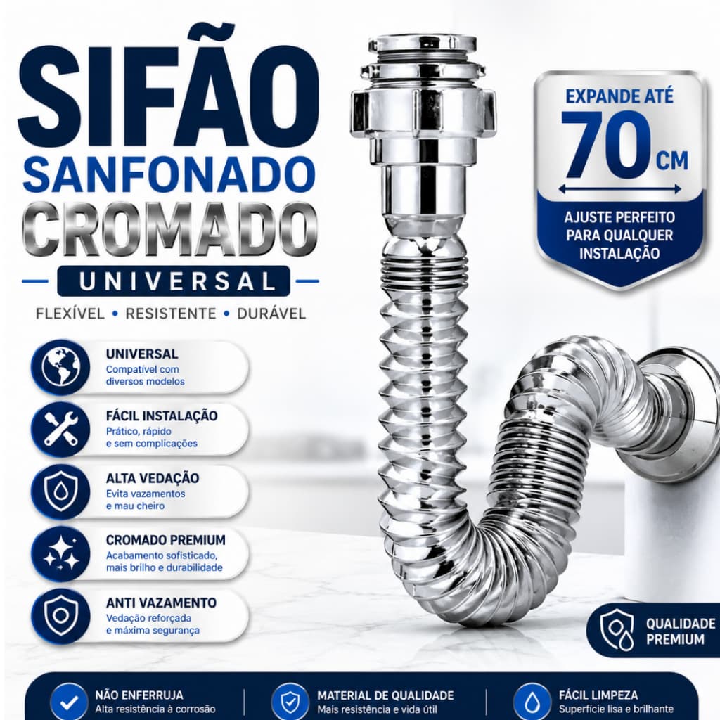 Sifão Sanfonado Universal Cromado Ajustável para Pia Banheiro Lavatório Tanque