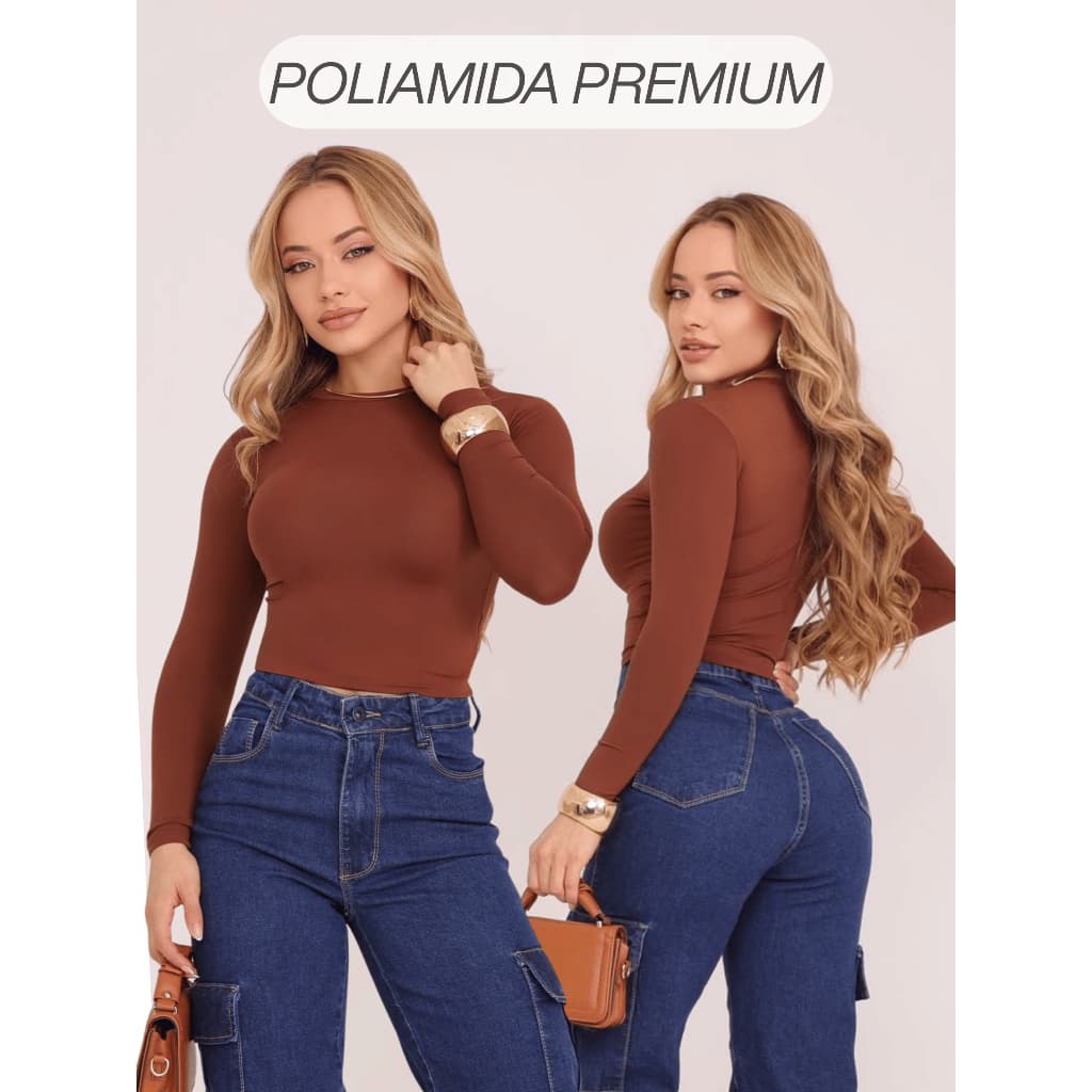 Blusa Feminina Cropped Poliamida Manga Longa Lisa Premium Confotavel Babytee Malha com Proteção UV