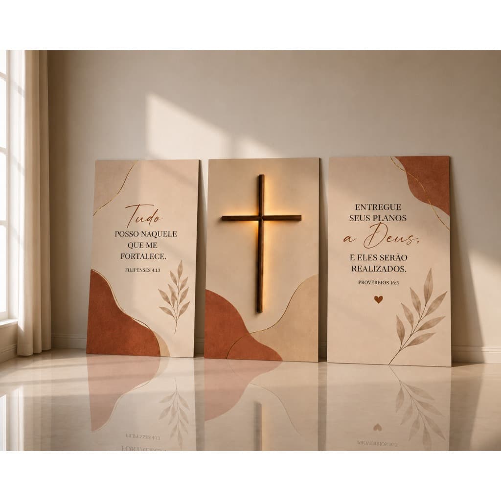 Kit 3 Quadros Religiosos Cristãos Fé Esperança Cruz Decoração Moderna MDF