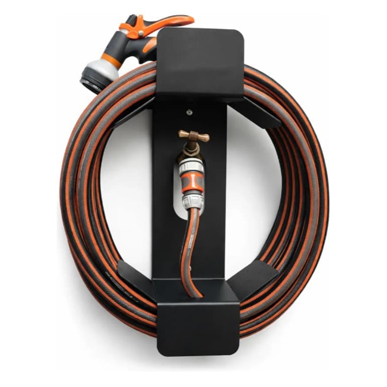 Suporte de Parede para Mangueira de Jardim em Aço Carbono | Organizador para Mangueiras com Porta Esguicho