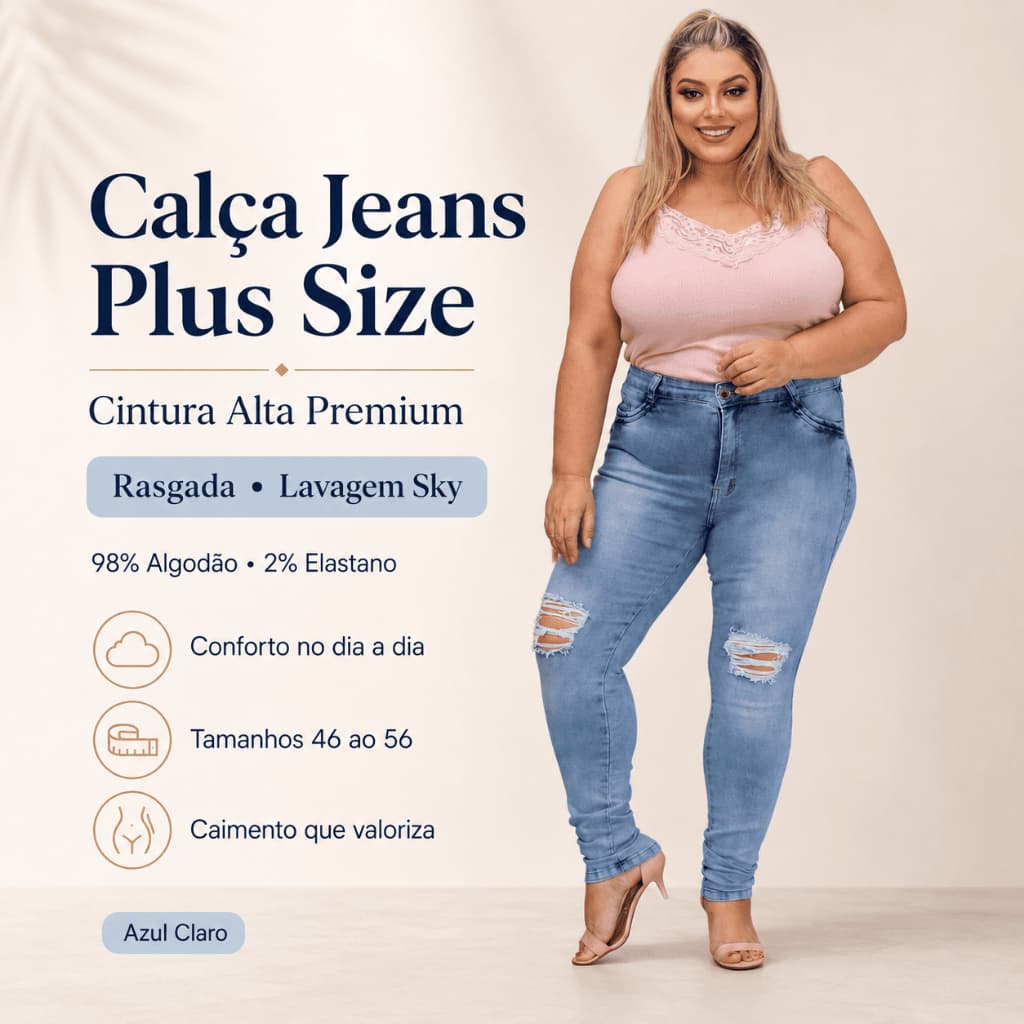 Calça Plus Size Jeans feminina cintura alta premium rasgada lavagem sky