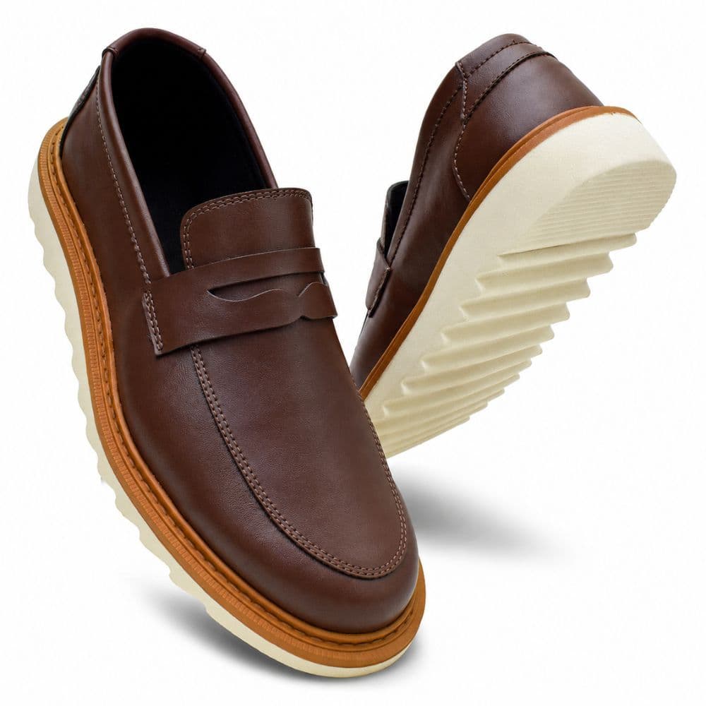 Mocassim Masculino Sola Alta Loafer Derby em Couro Costurado Premium