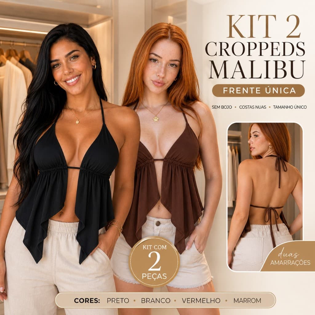 Kit 2 Cropped Malibu Frente Única Costas Nuas Feminino Sem Bojo Blusa Bata Babado Moda Verão Tamanho Único