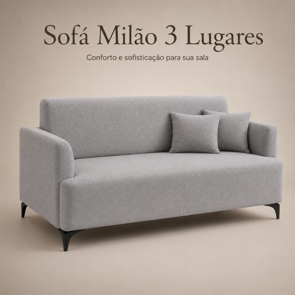 Sofá 3 Lugares Milão em Linho Espuma D26 Pés Metálicos Suporta 300kg