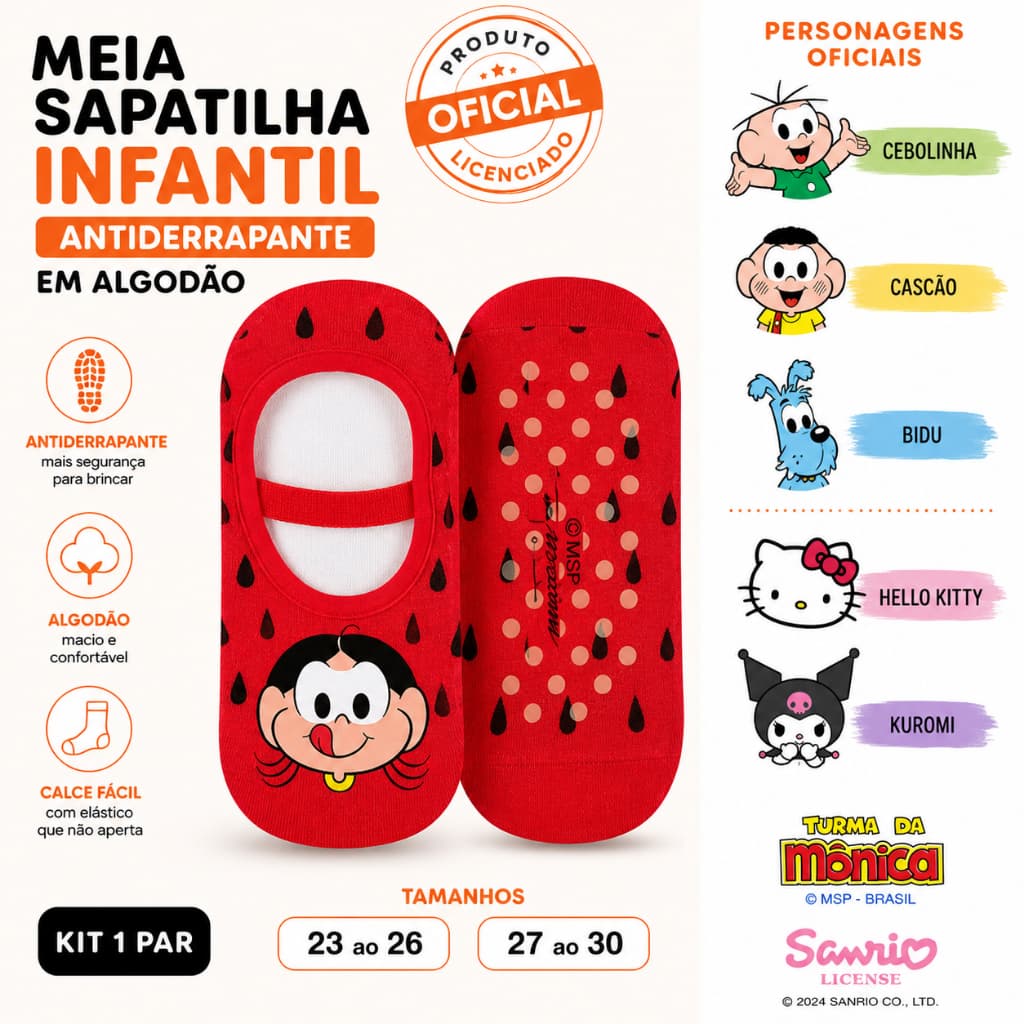 Meia Sapatilha Infantil Antiderrapante Personagens Turma da Mônica e Hello Kitty