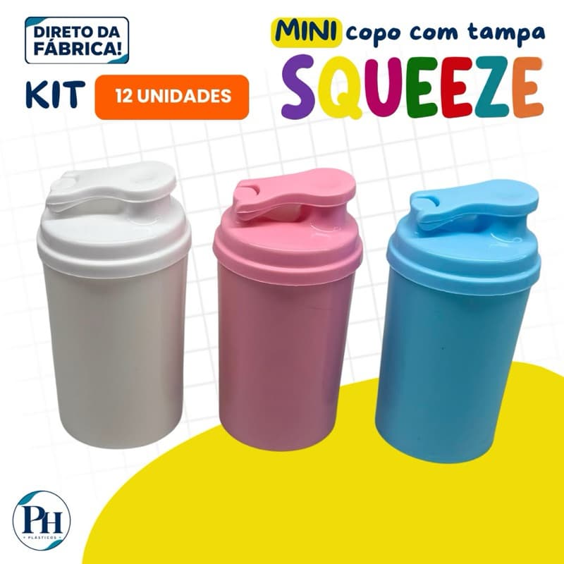 KIT 12 COPOS MINI DRINK 200ML COM TAMPA SQUEEZE | MINI SQUEEZE/COQUETELEIRA/SHAKEIRA | FESTAS, EVENTOS E LEMBRANCINHAS