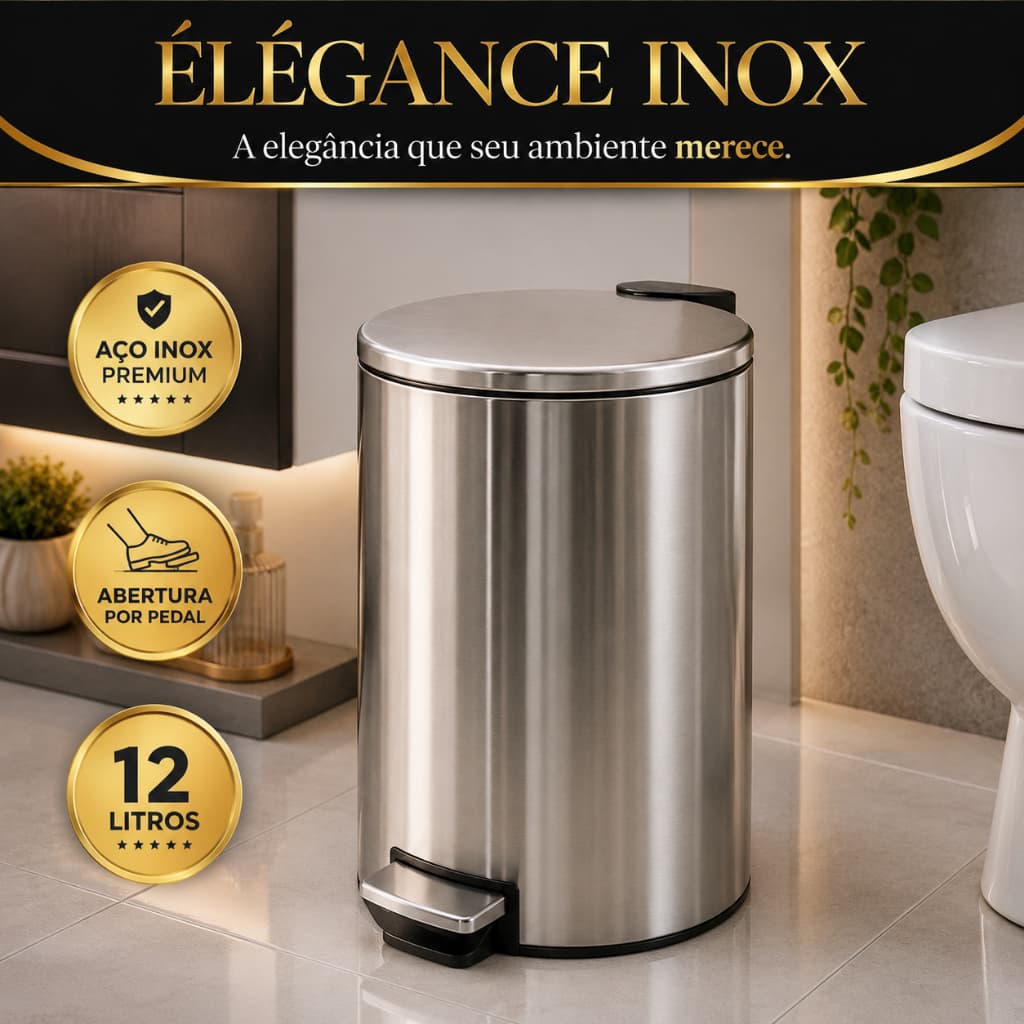 Lixeira Inox 12L com Pedal Slim Redonda Aço Inox para Banheiro Cozinha Lavabo