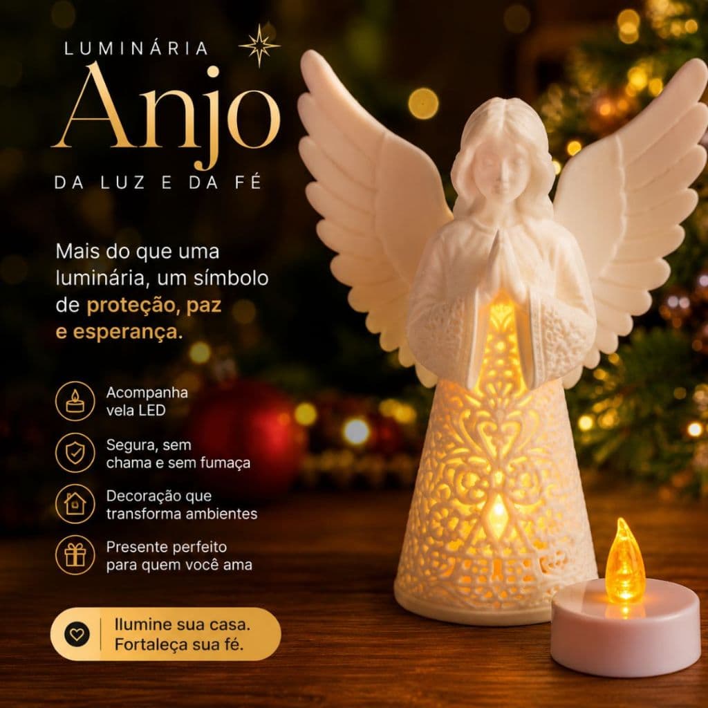 Luminária Anjo Decorativa LED Porta Vela Natal Decoração Religiosa Presente Fé Anjo Guarda