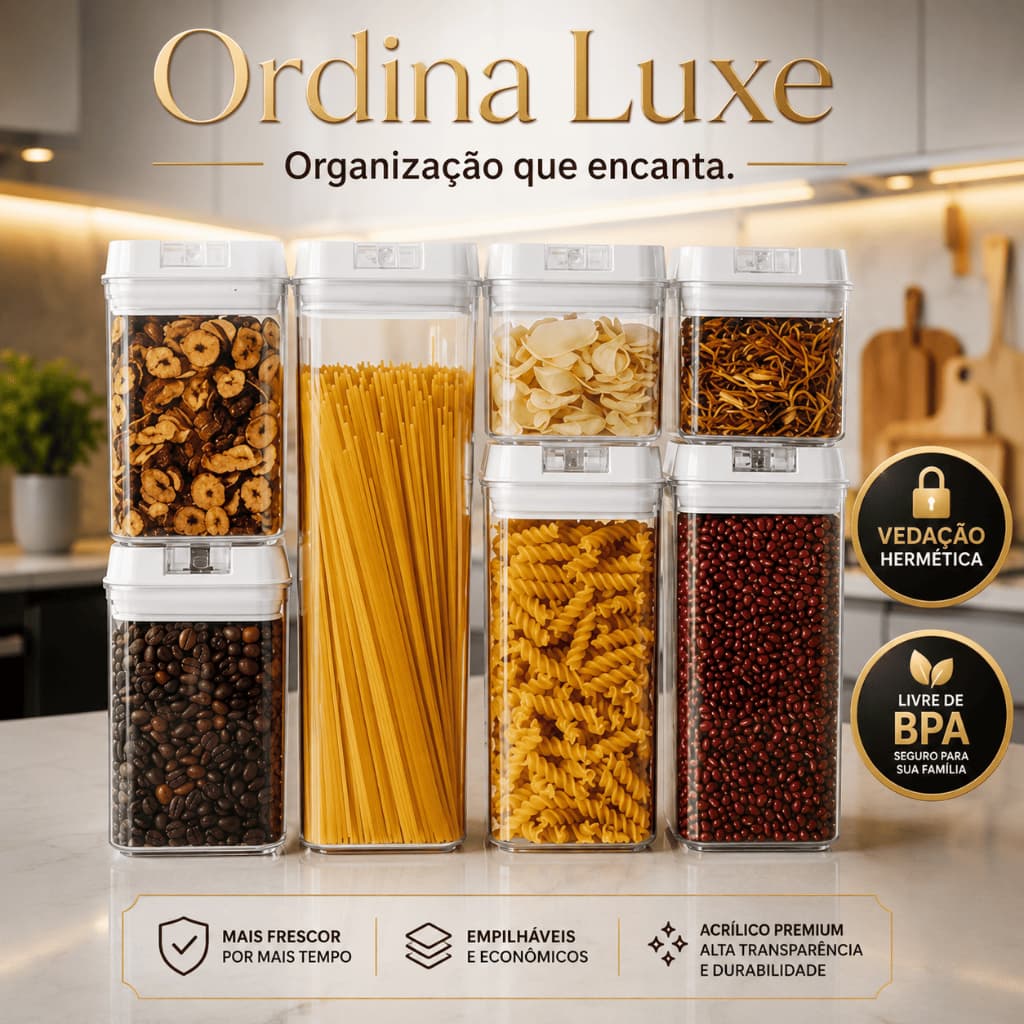 Kit 7 Potes Herméticos Acrílico Vedação Hermética Livre BPA Organizador de Cozinha Empilháveis Ordina Luxe