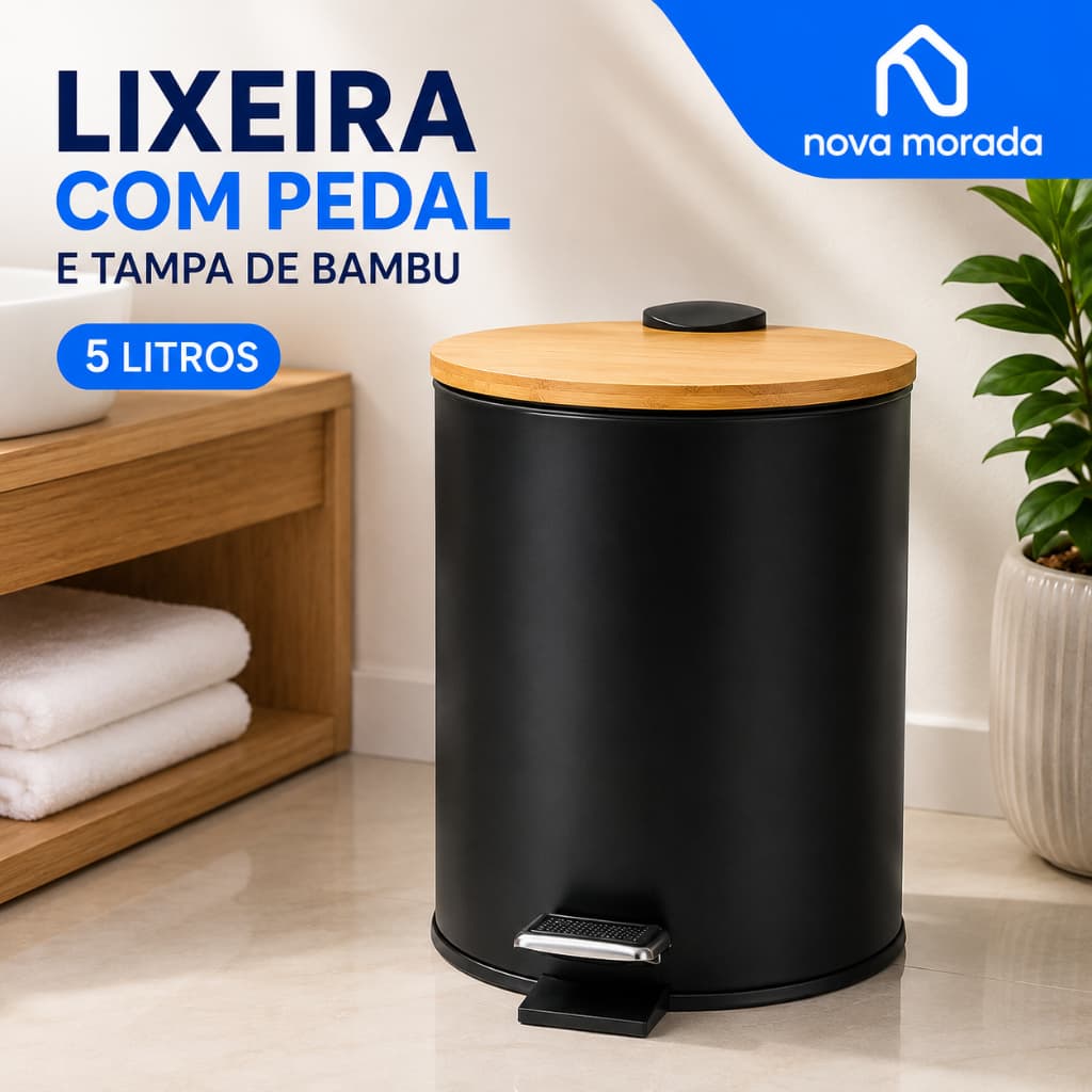 Lixeira com Pedal 5 Litros Tampa de Bambu Preta Banheiro Lavabo Cozinha Metal Compacta Decorativa