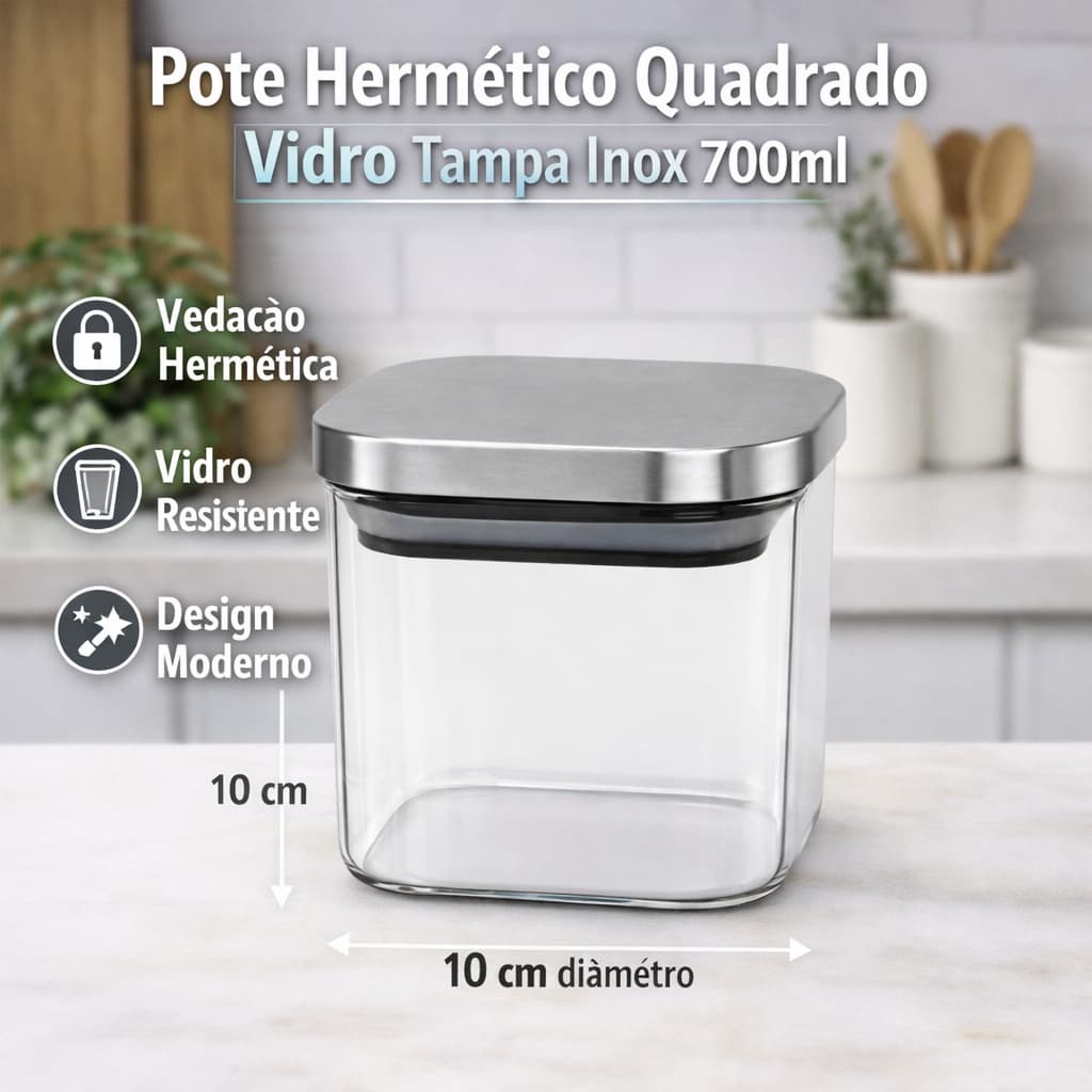 Pote Hermético Quadrado Vidro Tampa Inox 700ml Armazenamento Seguro Vedação Hermética Durável