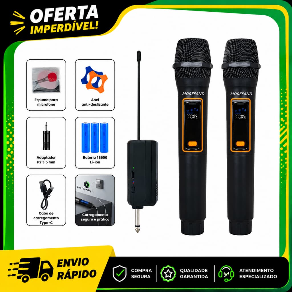 Microfone Sem Fio Profissional MOREFAND Alcance 50m Redução de Ruído Bateria 12h USB-C Plug & Play Karaokê Shows Igrejas