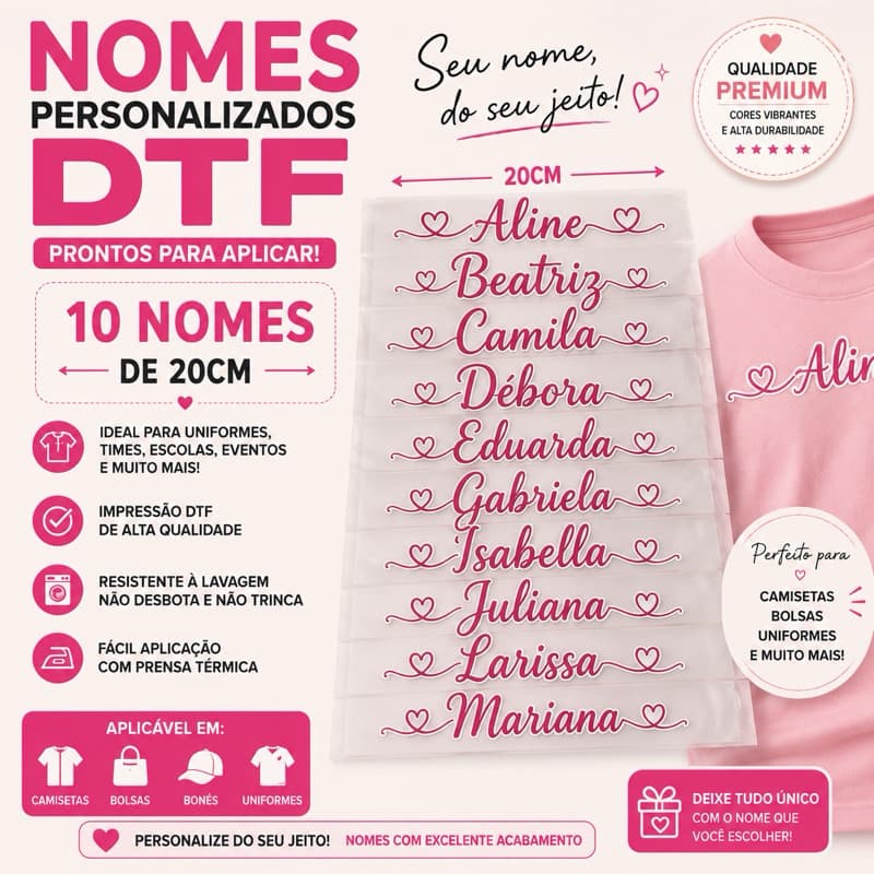 kit com 5, 10, 20 nomes em DTF  aplicar com ferro de passar  .impressão digital alta qualidade