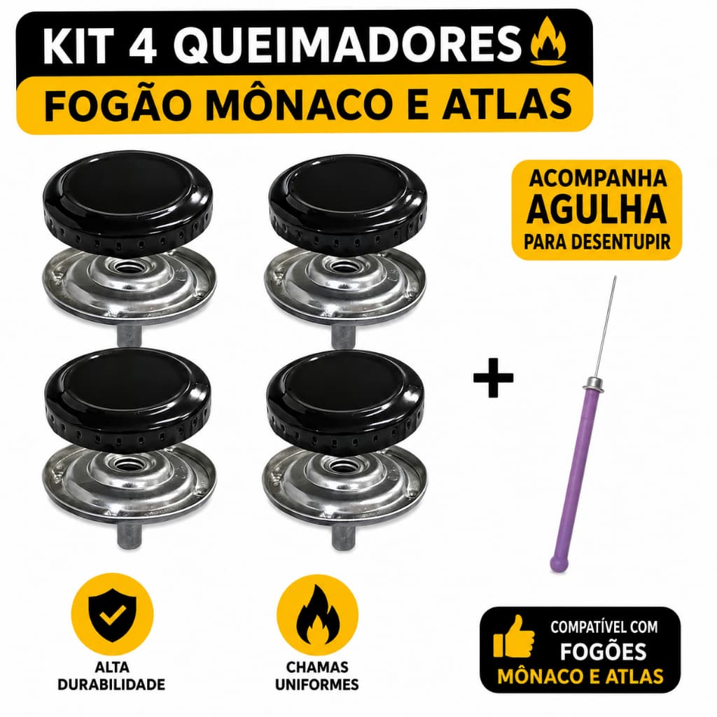 Kit De Fogão 4 Bocas  Atlas  Espalhador + Queimador + Agulha Mônaco Glass//Plus /Coliseum Plus/Havana Grécia