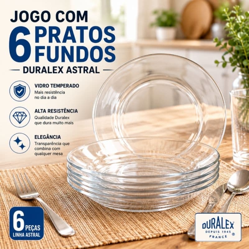 Kit 6 Pratos Fundos Astral Duralex Vidro Temperado Resistente Original