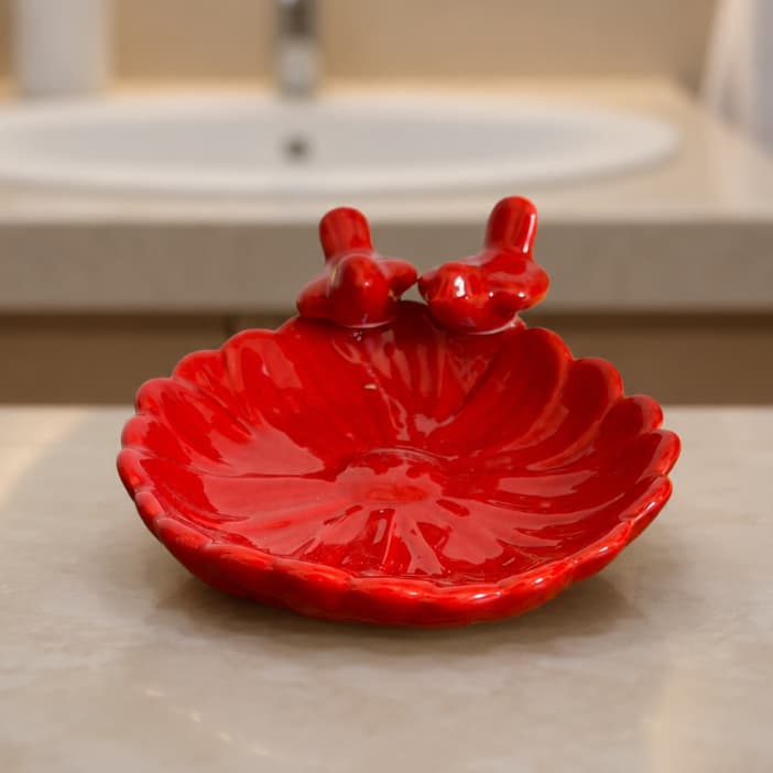 Saboneteira Vermelha Para Banheiro Lavabo Cozinha Decoração Enfeite Em Cerâmica Com Passarinhos Decorado