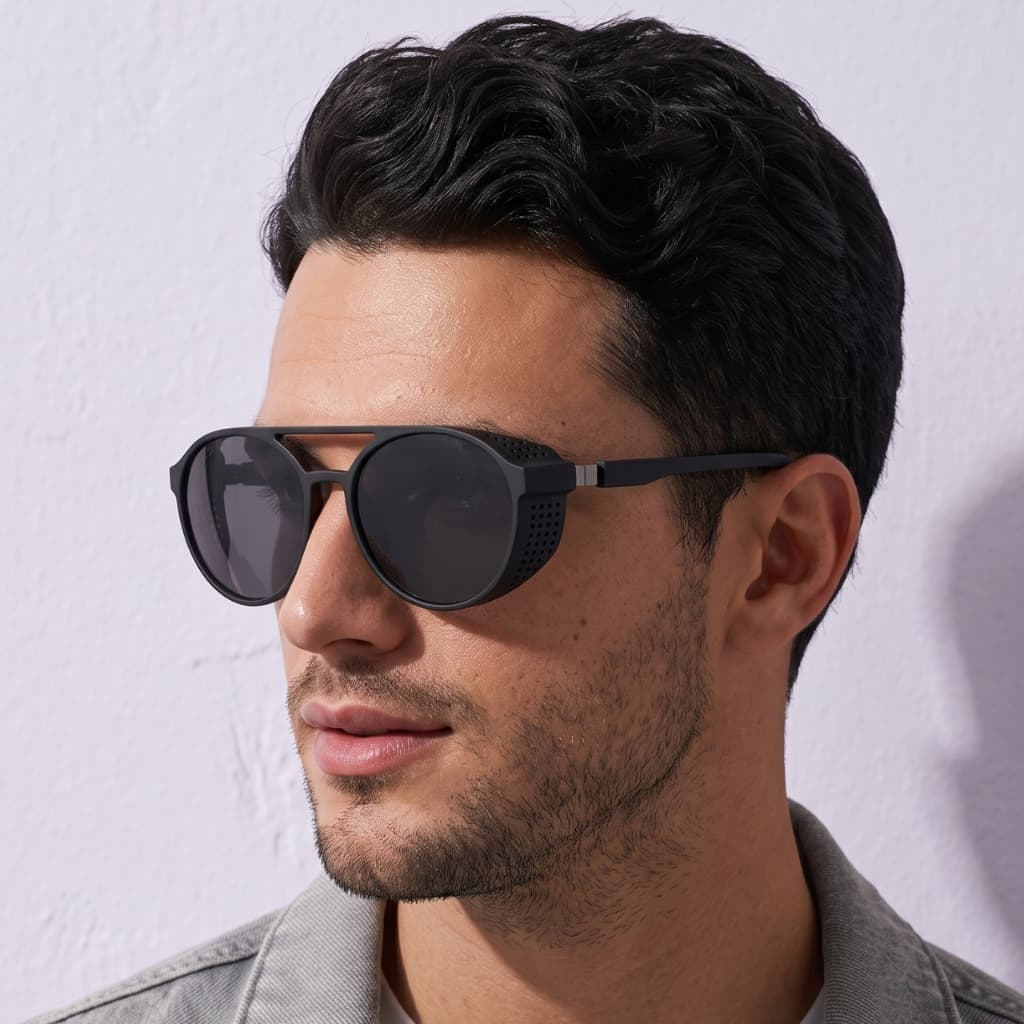 Óculos de Sol Redondo Escuro Premium Protecao Lateral Steampunk Soldador Alok Masculino Feminino