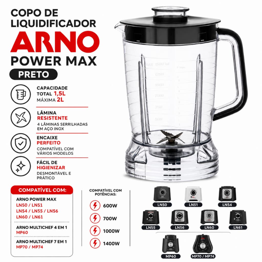 Copo Liquidificador Arno Power Max - LN50 LN51 LN54 LN55 LN56 LN60 LN61 Preto ou Vermelho 1000W