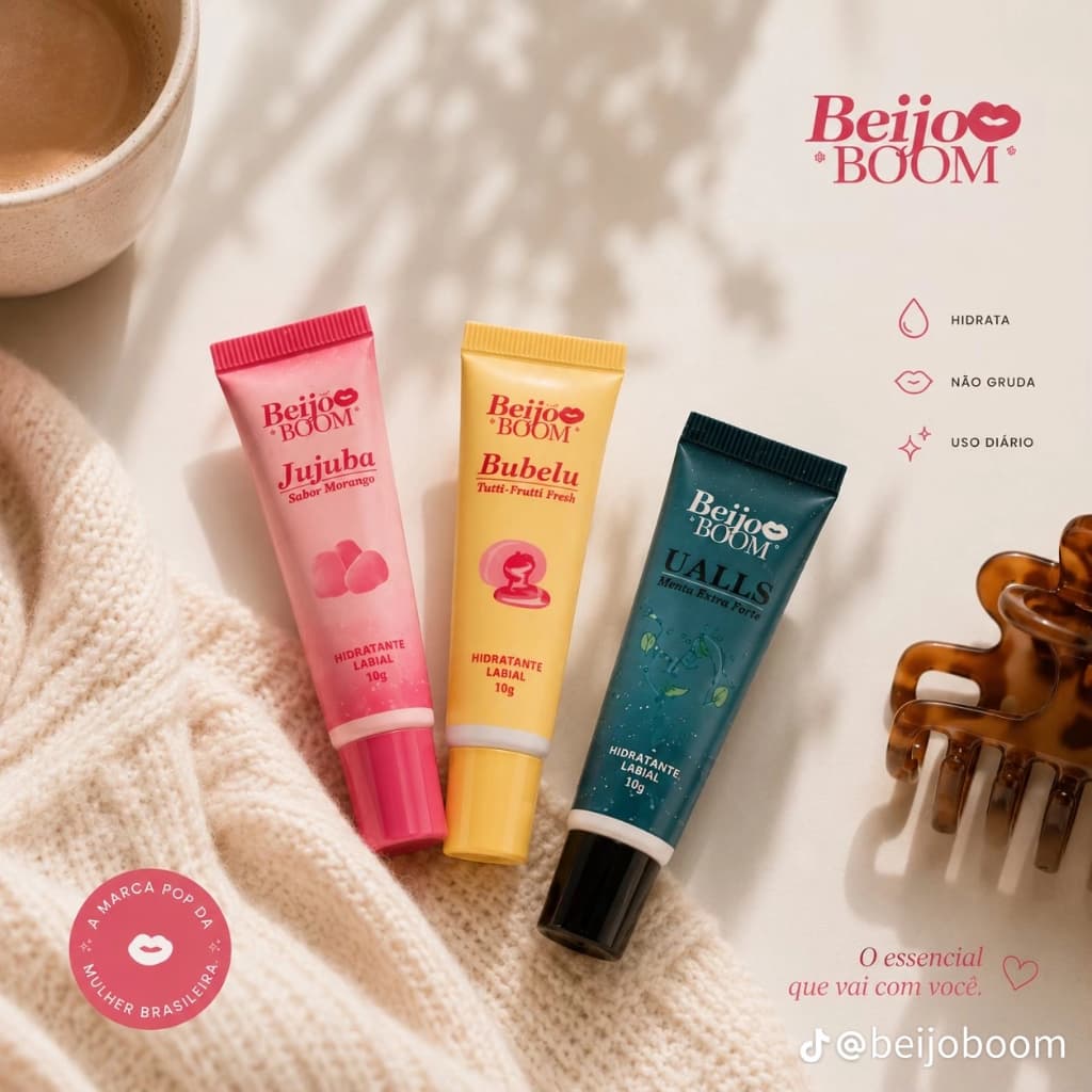 Gloss Hidratante Labial Beijo BOOM 10g Bubelu Jujuba Ualls Menta Intensa Edição Limitada LUM3