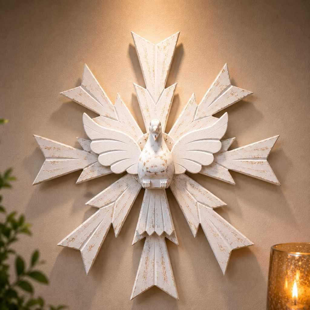 Divino Espirito Santo Resplendor Religioso Esplendor 36cm Artesanal Madeira Branco Patina