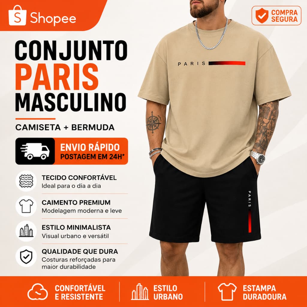 Conjunto Masculino Camiseta + Short Moletom Estampa PARIS Degrade vermelho Camisa Basica