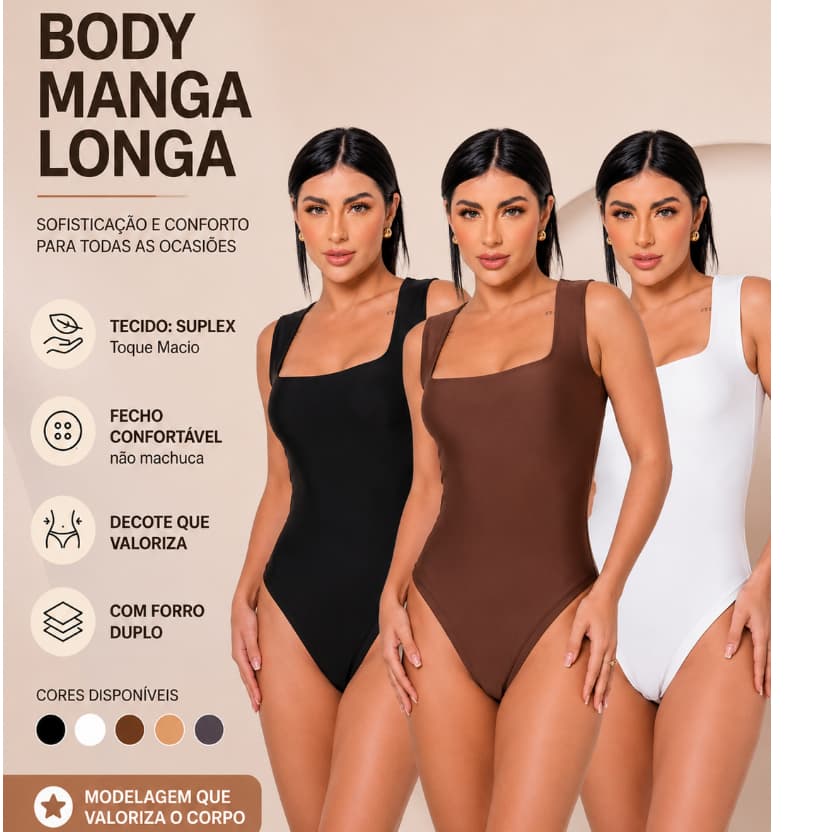 Body Feminino Alça Larga Decote Quadrado Suplex Forro Duplo Premium Moda Luxo