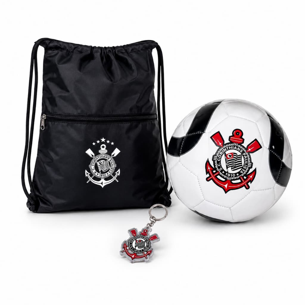 Bola Corinthians Couro Sintético + Mochila Saco + Chaveiro Infantil