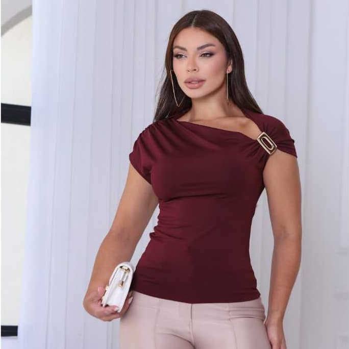 Blusa Feminina Ombro Unico Franzido Suplex Premium comFivela Dourada Tendencia Verao 2026