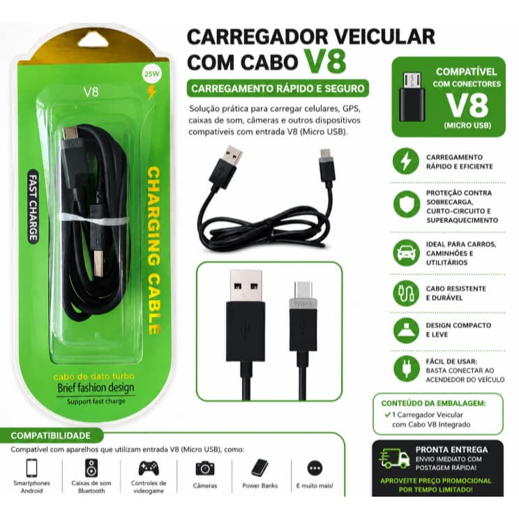 Cabo Usb com Entrada V8 para Carregamento e Dados Turbo Ultra Rápido