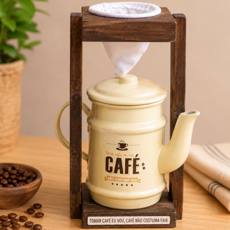 Mancebo Coador de Café em Madeira com Bule Esmaltado Filtro de Pano Kit Café Artesanal Cantinho do Café