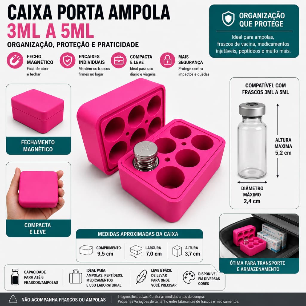 Caixa Estojo Porta Ampola 3ml 5ml 6 Frascos Com Imã