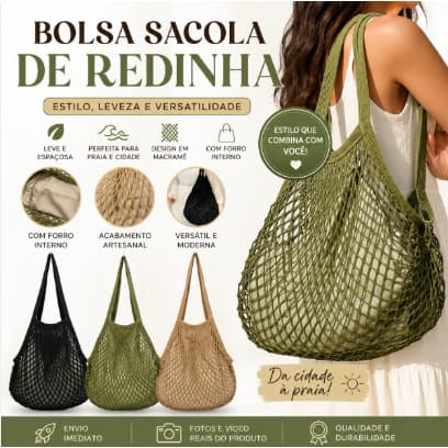 Bolsa Saco Estilo Rede Crochê Tiracolo Com Forro Feminina verão Praia Piscina Passeio