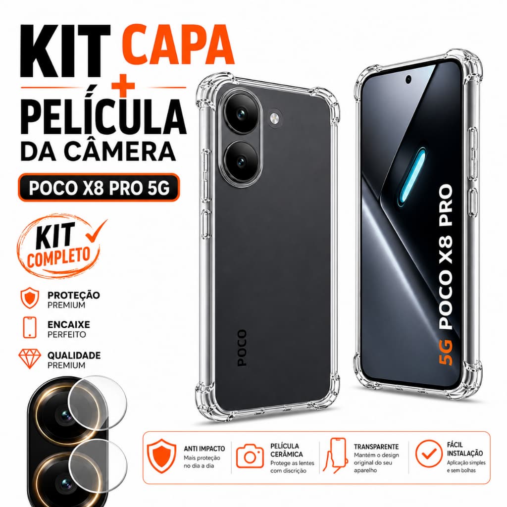 Kit Poco X8 Pro 5G Case Anti Impacto Transparente + Pelicula da Camera Ceramica Capa Capinha Premium