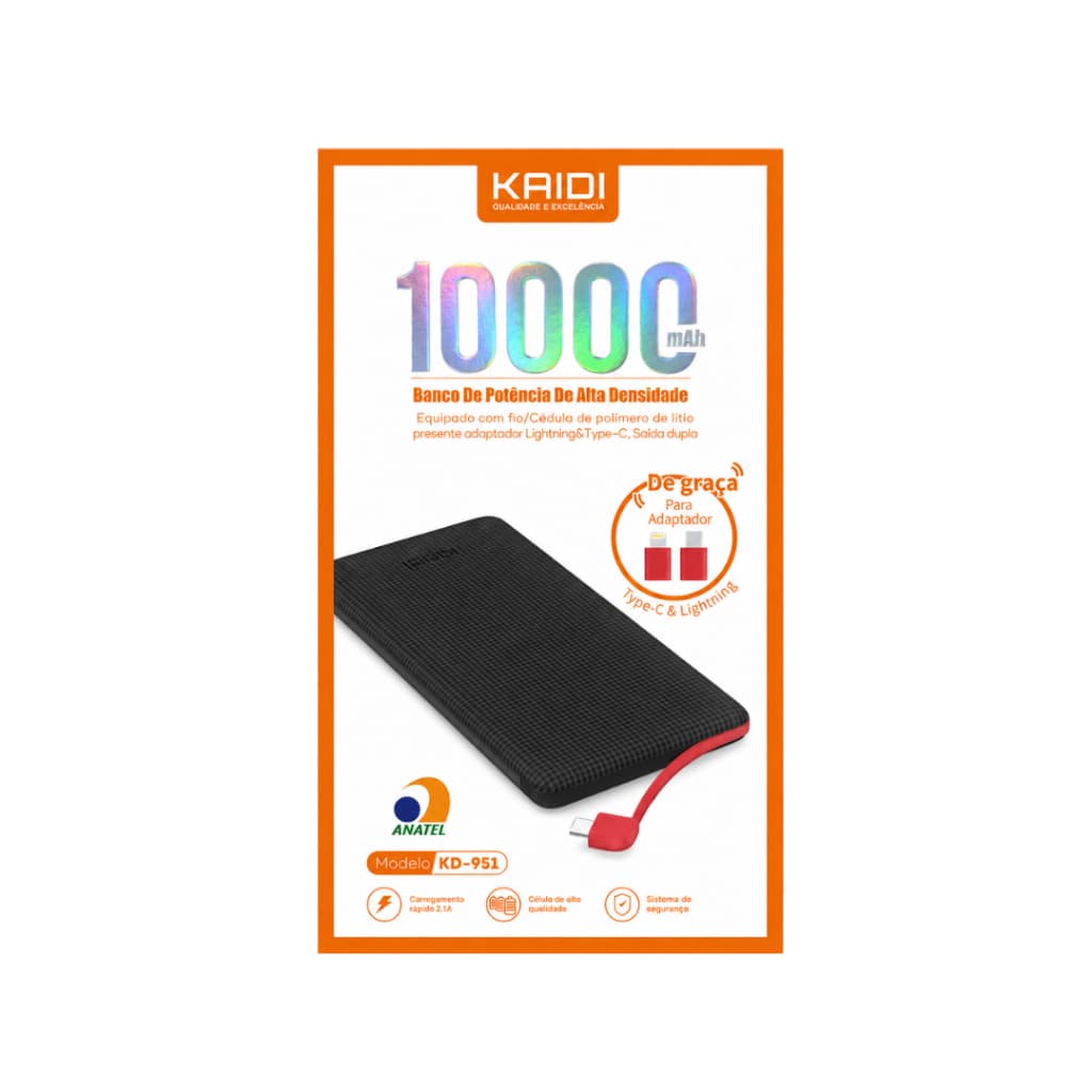 Bateria Portátil Power Bank com cabo e adaptador Tipo C e Lightning iPhone 10.000mAh KAIDI KD-951