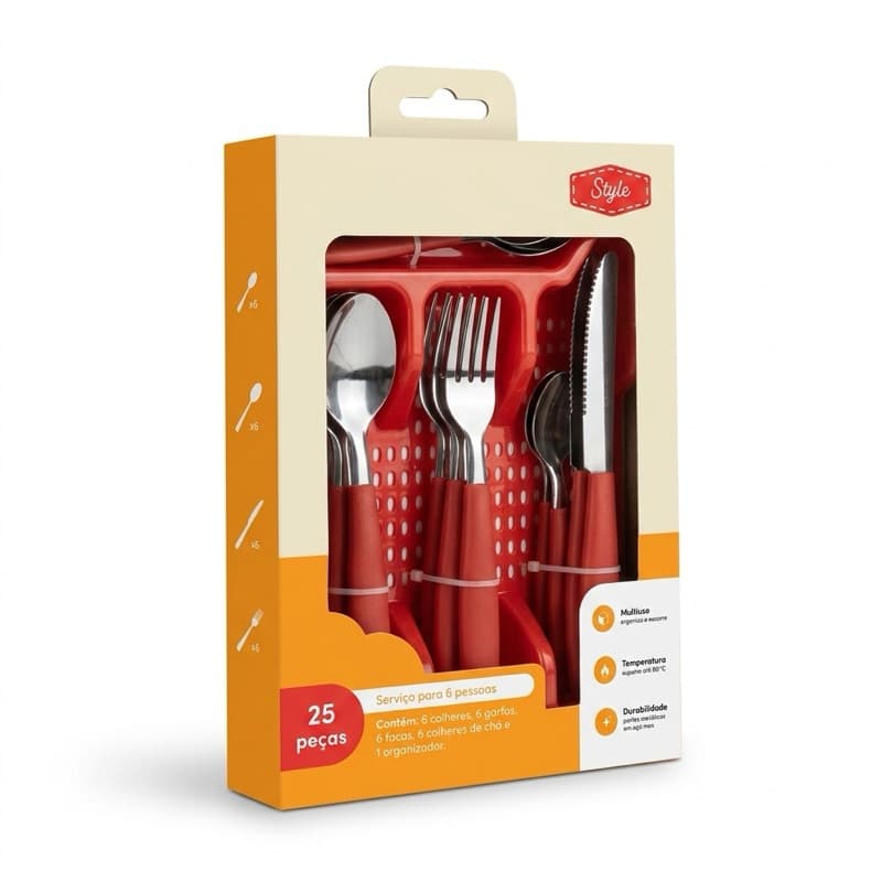 Conjunto Faqueiro Talher 25 Pç Jogo Inox Porta Talher Gaveteiro Preto Vermelho Branco