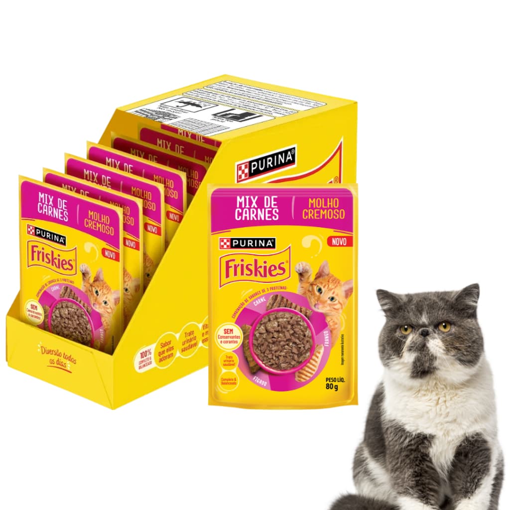 Sachê Ração Para Gatos Úmida Friskies Sabor Proteina Mix de Carne Molho 85g Caixa Com 15 Unidades