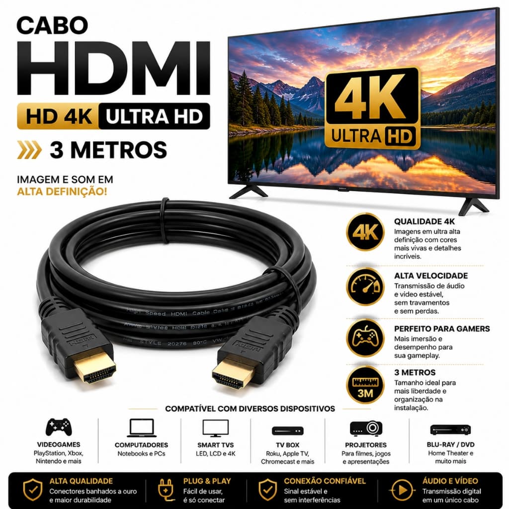 Cabo HDMI 3 Metros HD Full HD 4k 1080p 1980p Alta Definição Alta Qualidade Video Game Notebook