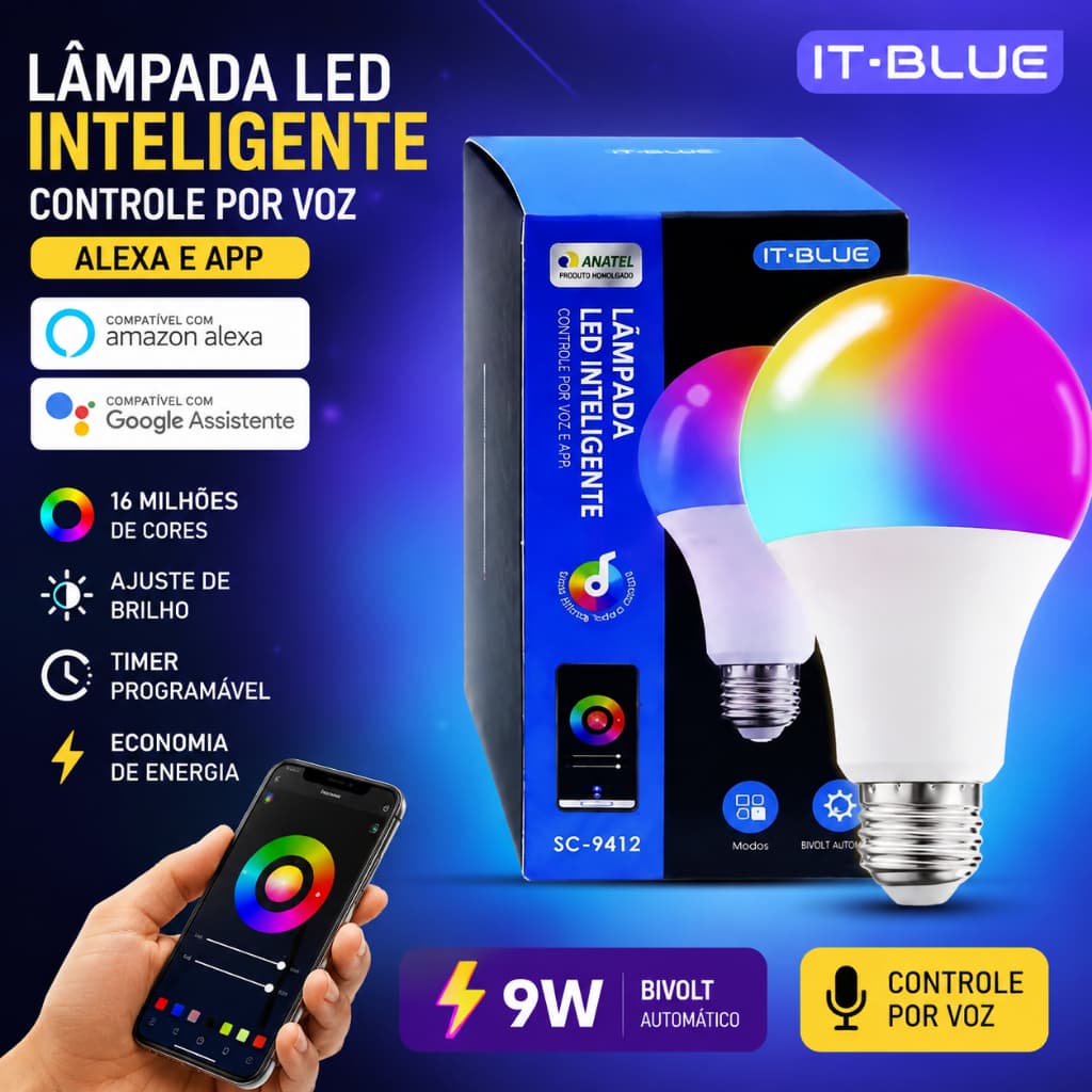 Lâmpada LED Inteligente WiFi RGB 15W E27 Alexa Google Assistant Controle por Voz App 16 Milhões de Cores Bivolt