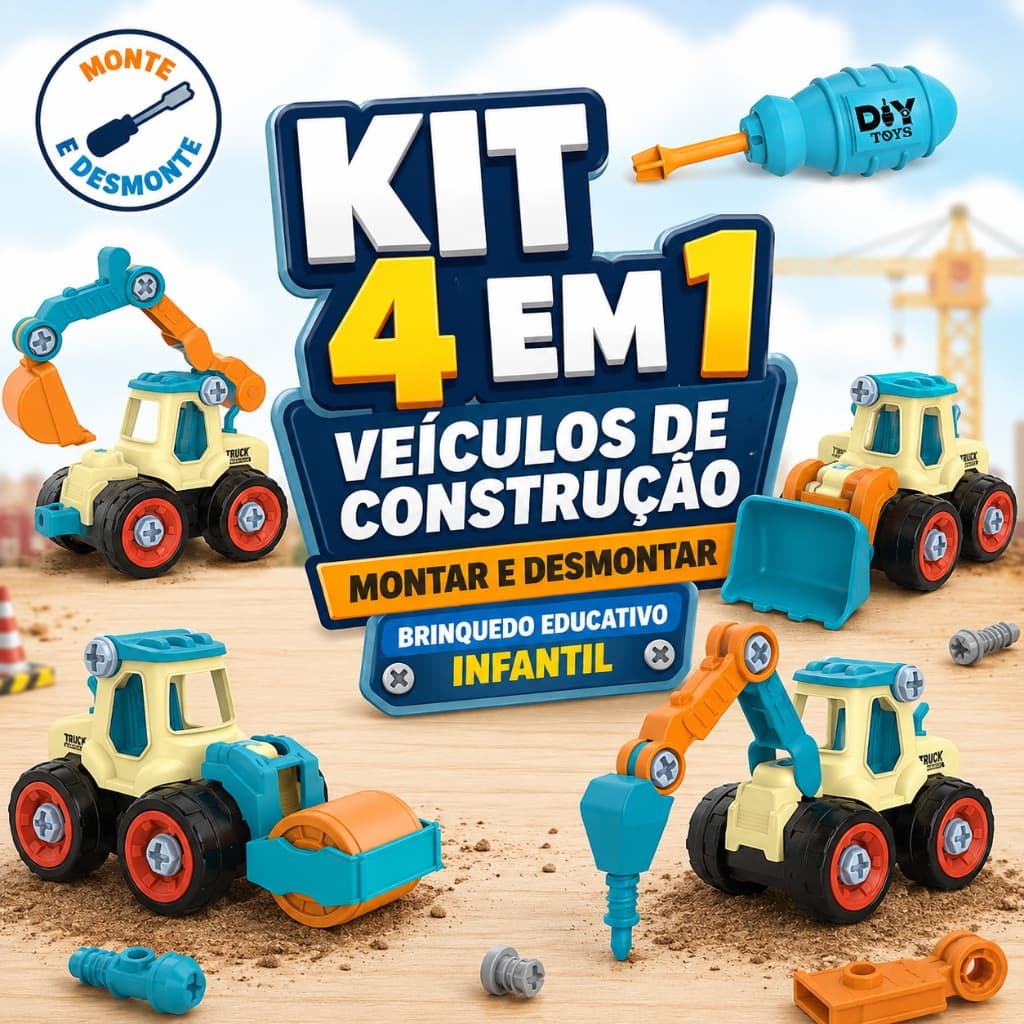 Kit 4 em 1 Veículos de Construção Montar e Desmontar Brinquedo Educativo Infantil