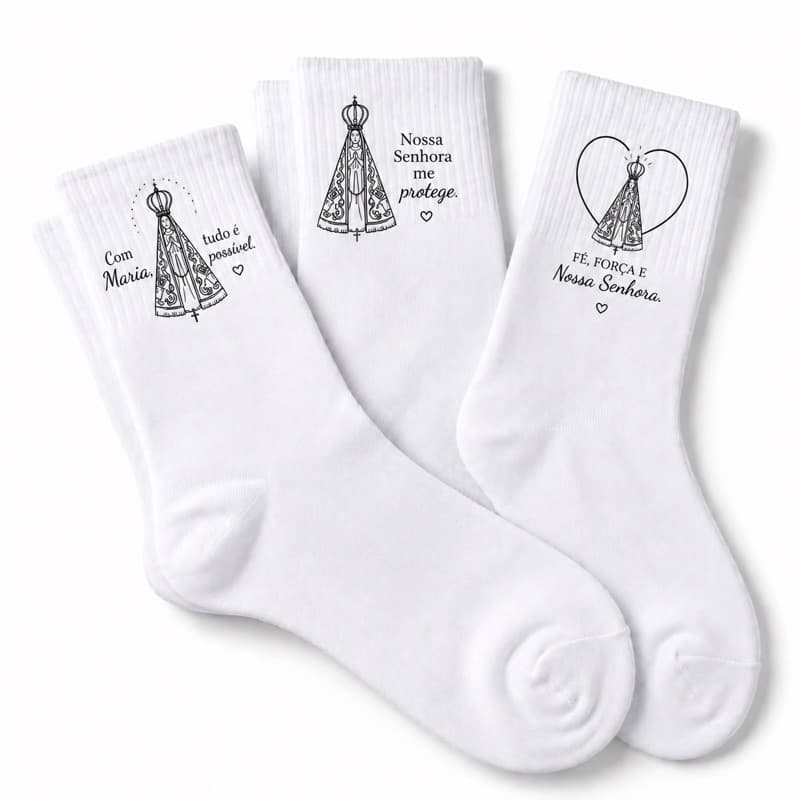 Kit com 3 Pares de Meia Branca Cano Alto Personalizada Nossa Senhora Aparecida