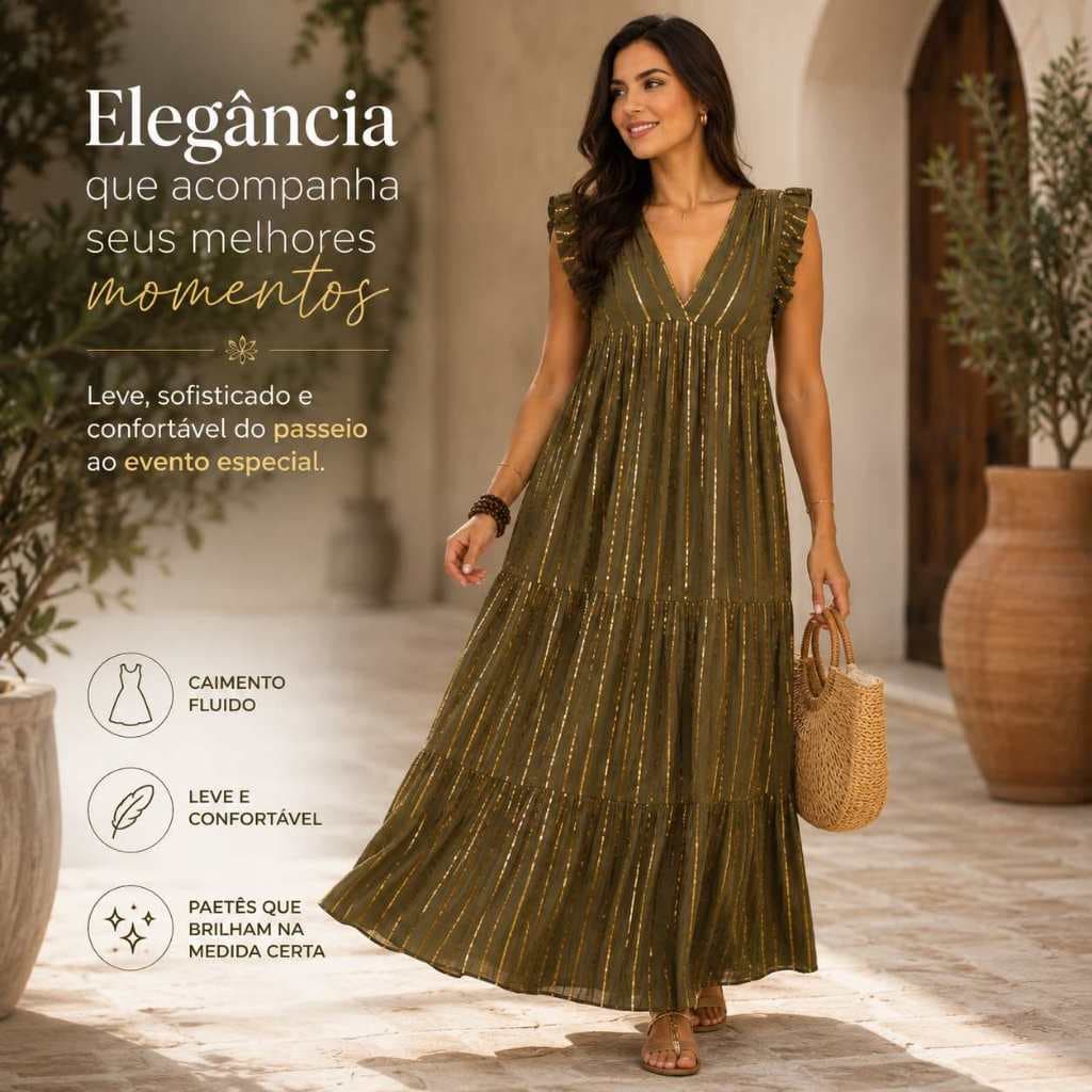 Vestido Midi Paetê Boho Chic de Festa decote V, acabamento e caimento sofisticado,  para  casamentos e formaturas