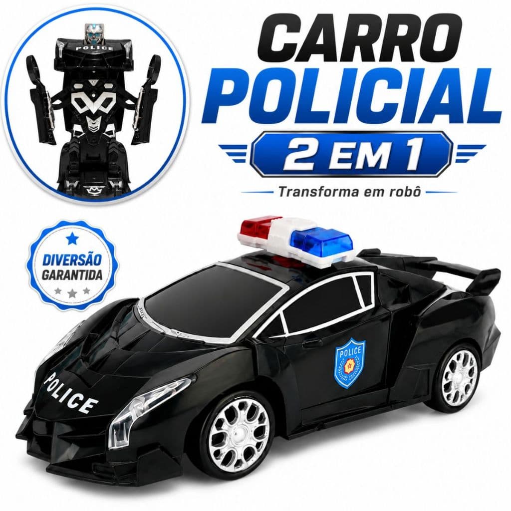 Carrinho Venom Carro de Policia Transformes 2 em 1 Vira Robô  com Luz Som Gira 360