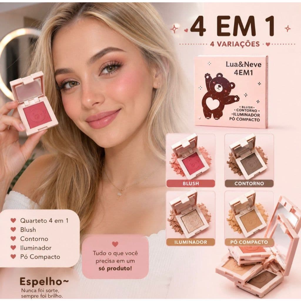 Mini Quarteto Paleta 4 em 1 Blush Contorno Iluminador Pó Facial- Lua e Neve