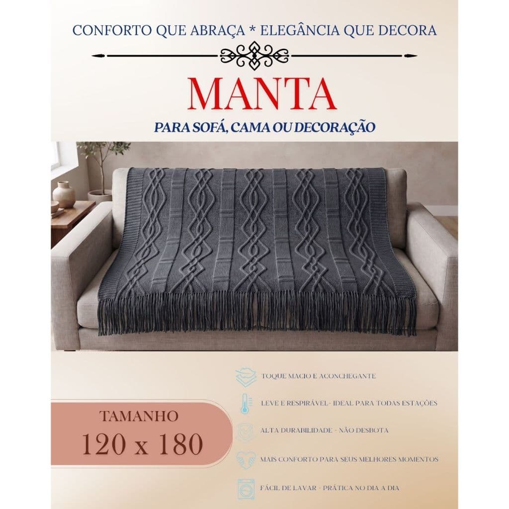 Manta para Sofá e Cama  em Tricô 180x120cm Fio de Lã Trançada Decorativa com Franjas
