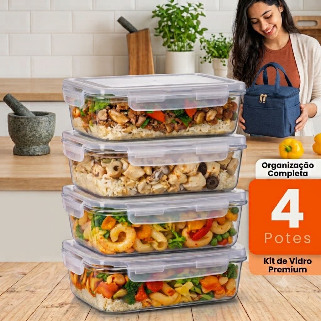 Kit 04 Potes Herméticos Vidro 640ml Marmita Forno Micro-ondas Airfryer