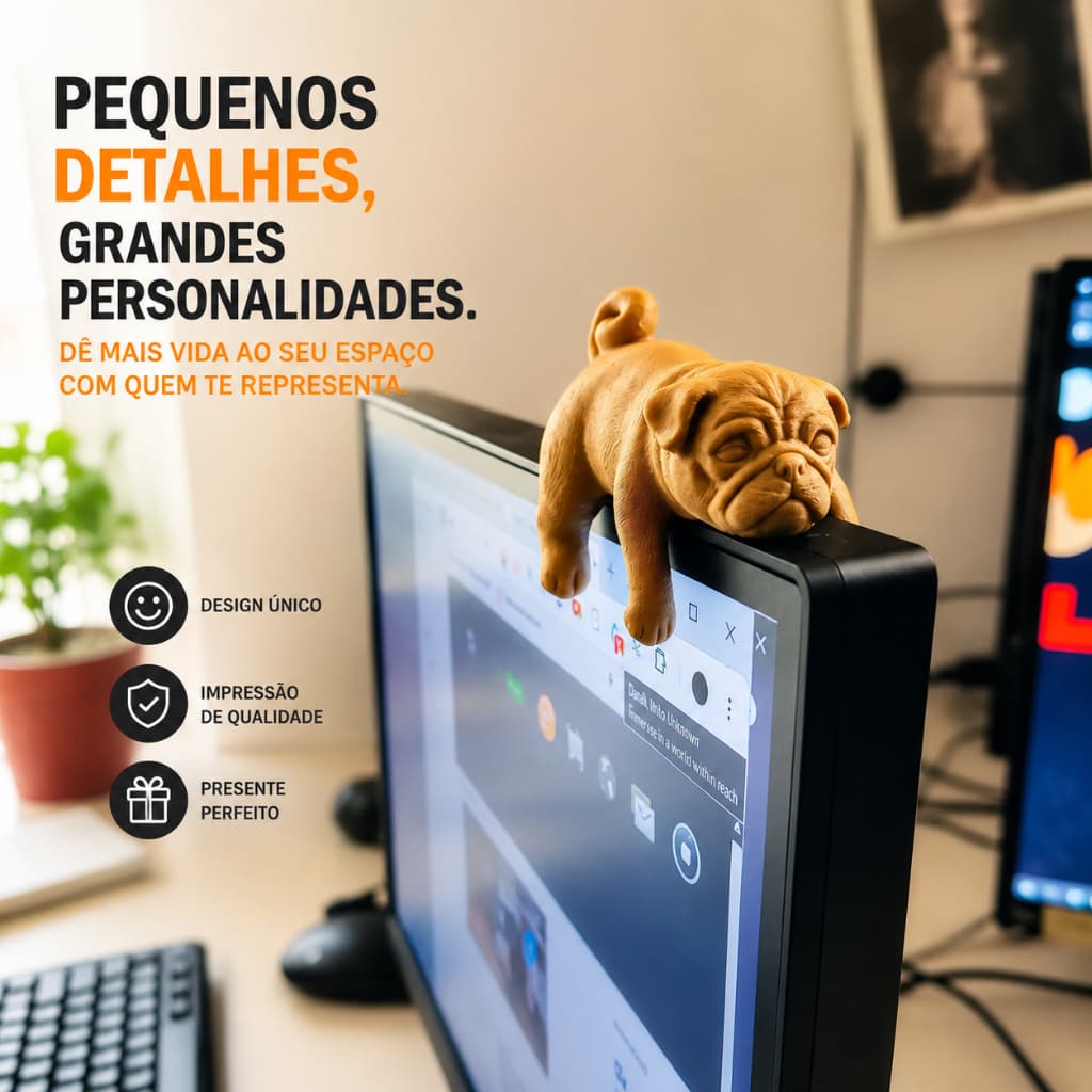 Pug Sonolento Decorativo para Monitor | Enfeite de Mesa, Setup e Home Office