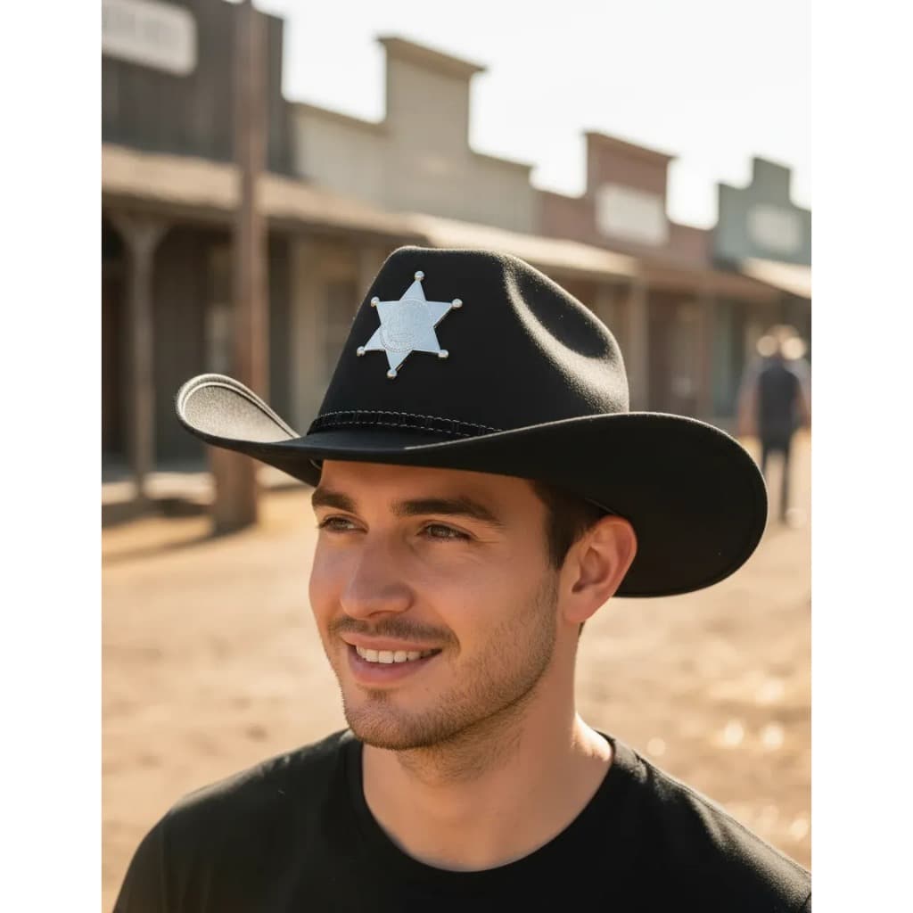 Chapéu Xerife Preto Com Estrela Cowboy Junino Adulto e Infantil