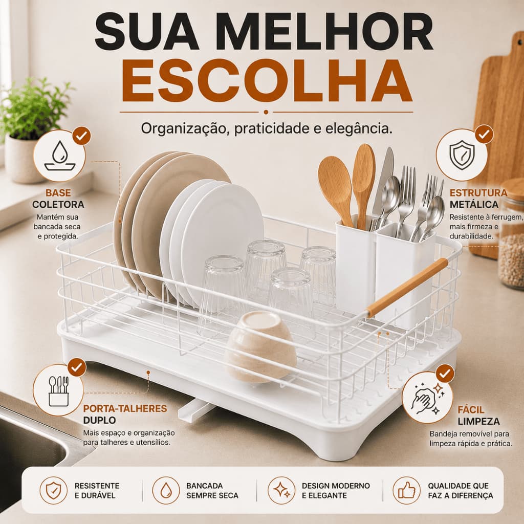 Escorredor de Louças Branco com Porta Talheres Base Coletora Metal Organizador
